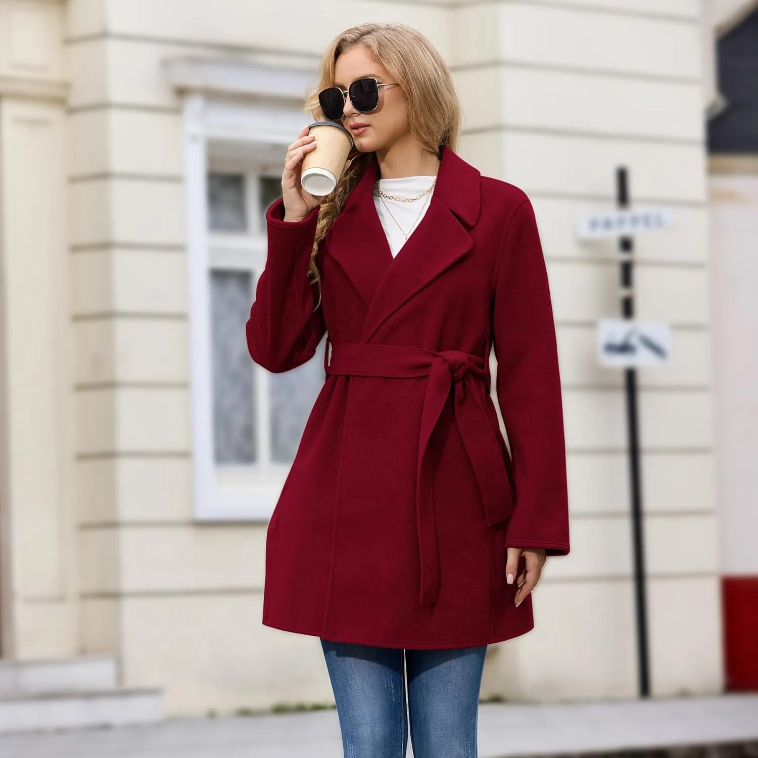 Women's Wool Blend Coat with Pockets Mid-Long Winter Overcoat, Thick Wool & Pea Coats jacket with Belt