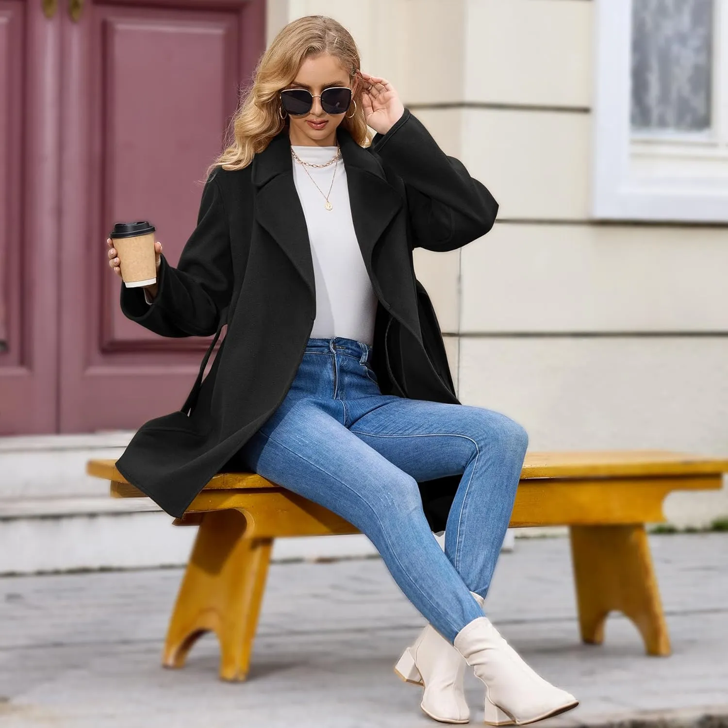Women's Wool Blend Coat with Pockets Mid-Long Winter Overcoat, Thick Wool & Pea Coats jacket with Belt