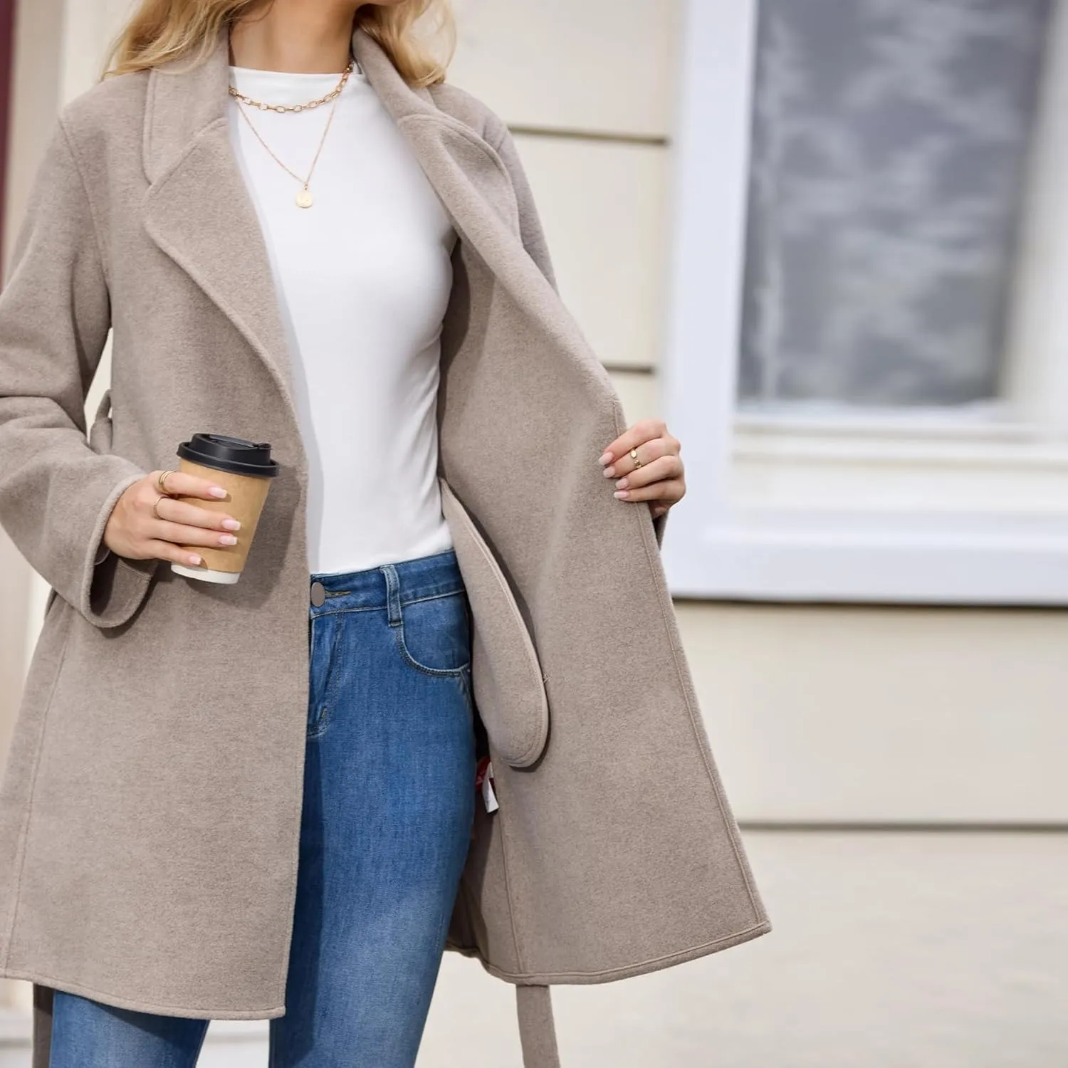 Women's Wool Blend Coat with Pockets Mid-Long Winter Overcoat, Thick Wool & Pea Coats jacket with Belt
