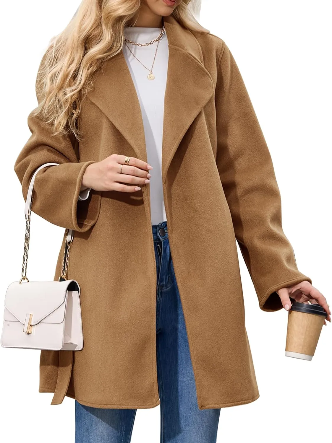Women's Wool Blend Coat with Pockets Mid-Long Winter Overcoat, Thick Wool & Pea Coats jacket with Belt