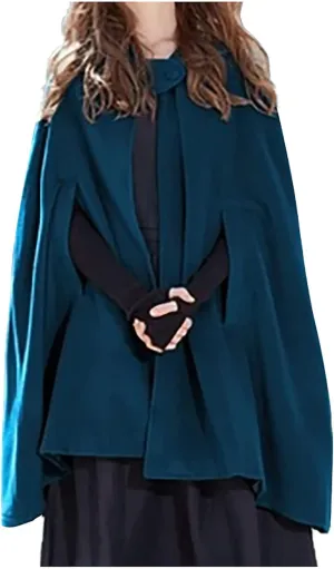 Women's Wool Blend Hooded Cape Mid-Length Cloak Pea Coats Winter Open Front Cardigans Vintage Trench Outwear