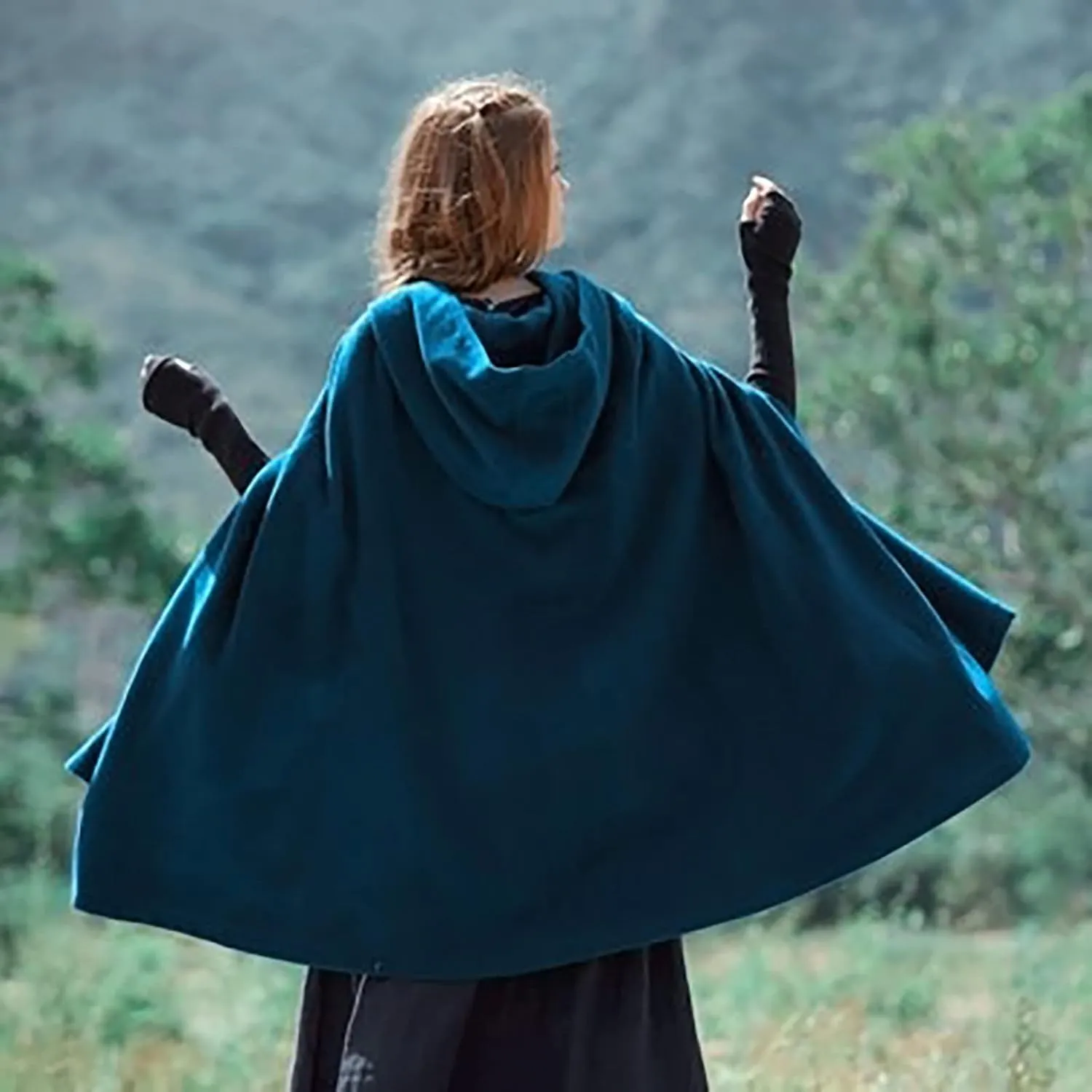 Women's Wool Blend Hooded Cape Mid-Length Cloak Pea Coats Winter Open Front Cardigans Vintage Trench Outwear