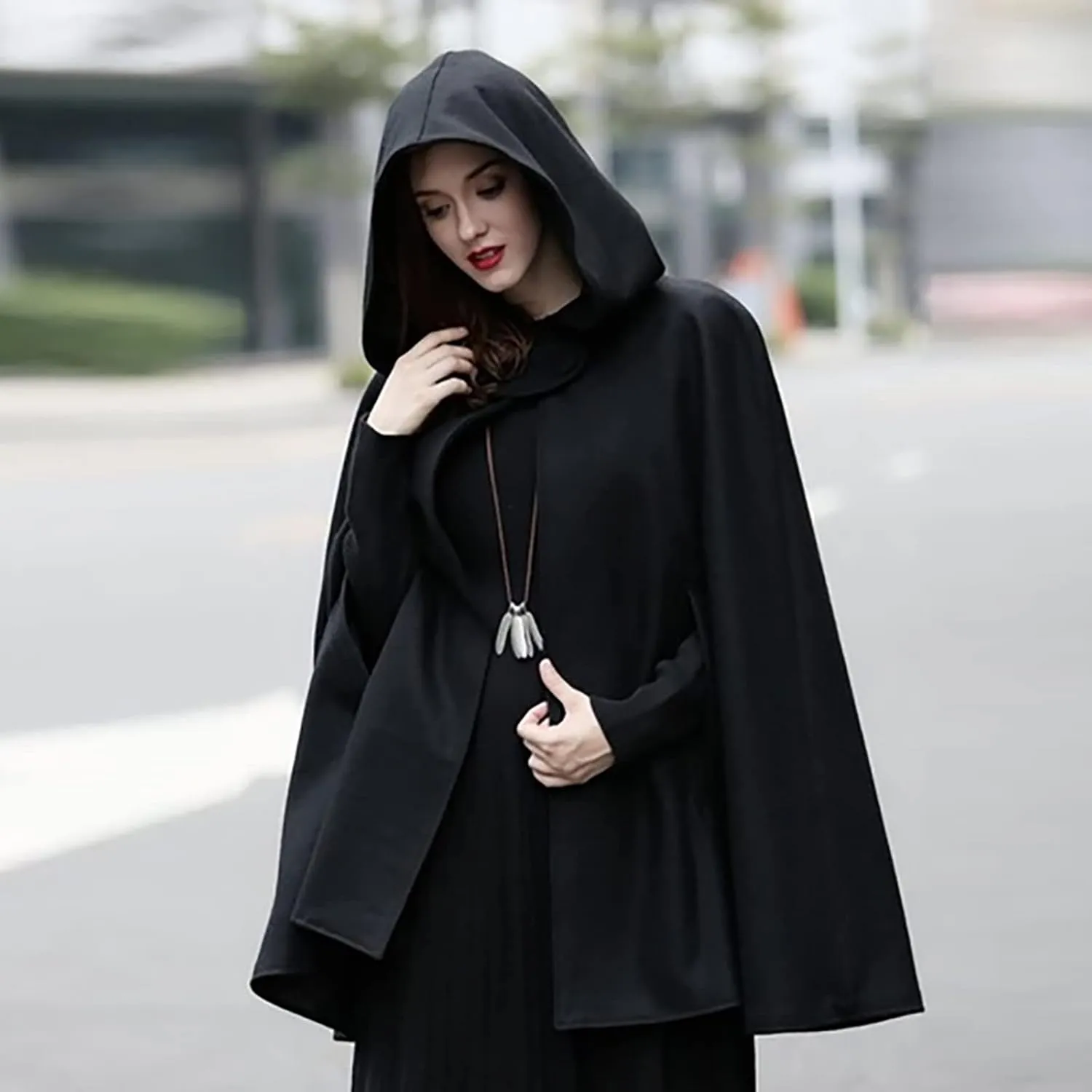 Women's Wool Blend Hooded Cape Mid-Length Cloak Pea Coats Winter Open Front Cardigans Vintage Trench Outwear