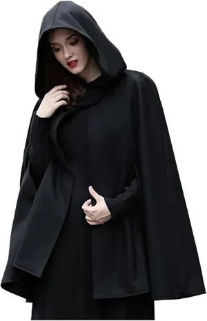 Women's Wool Blend Hooded Cape Mid-Length Cloak Pea Coats Winter Open Front Cardigans Vintage Trench Outwear