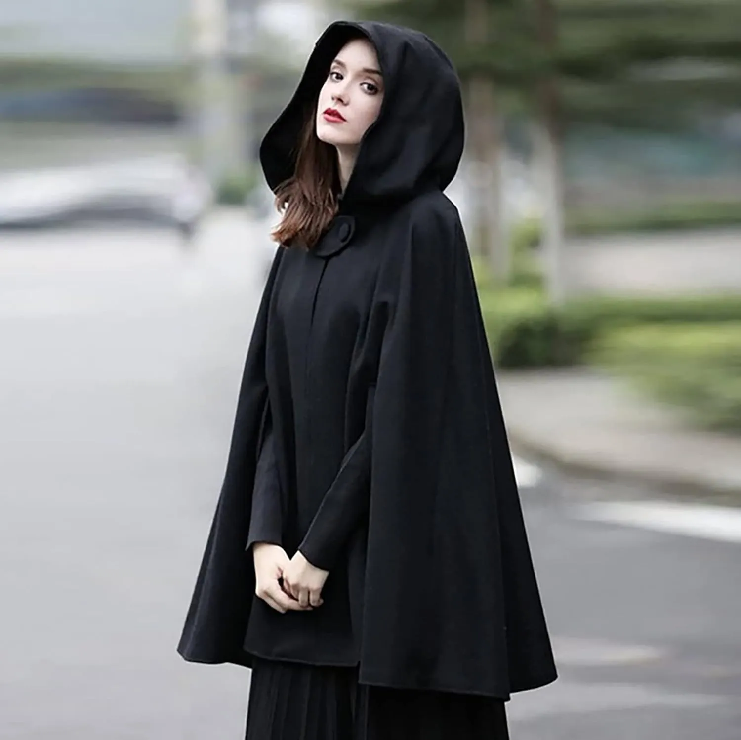 Women's Wool Blend Hooded Cape Mid-Length Cloak Pea Coats Winter Open Front Cardigans Vintage Trench Outwear
