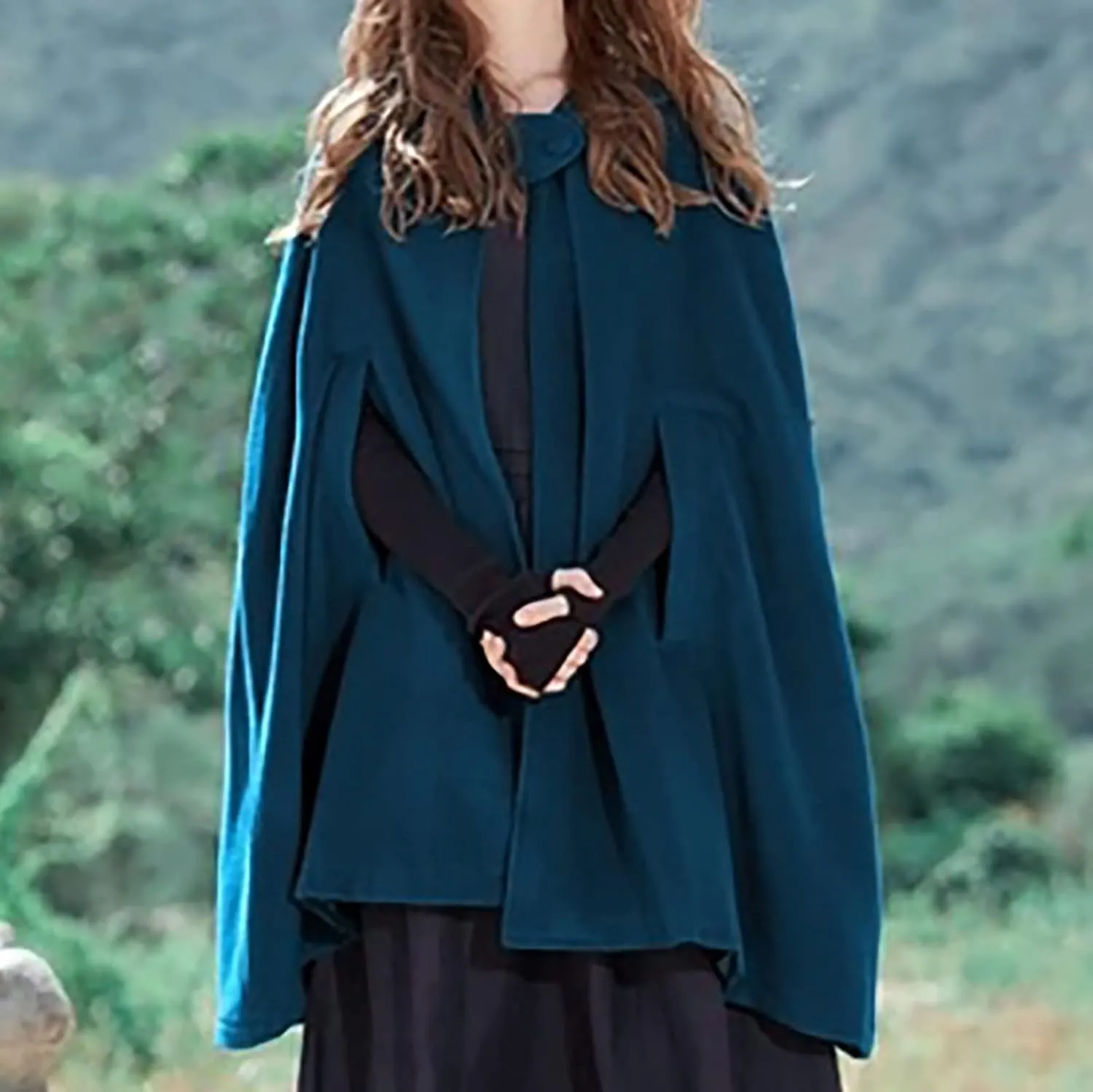 Women's Wool Blend Hooded Cape Mid-Length Cloak Pea Coats Winter Open Front Cardigans Vintage Trench Outwear