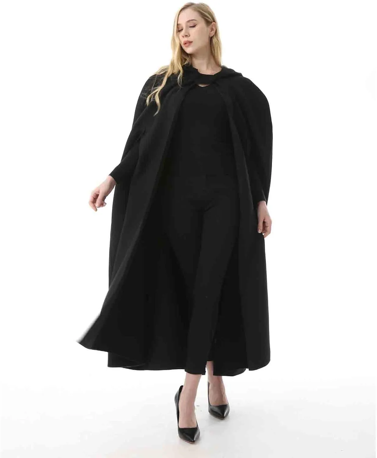 Women's Wool Blend Hooded Cape Poncho Maxi Cloak Coat Halloween Cloak Wool Hooded Cloak Pea Coats