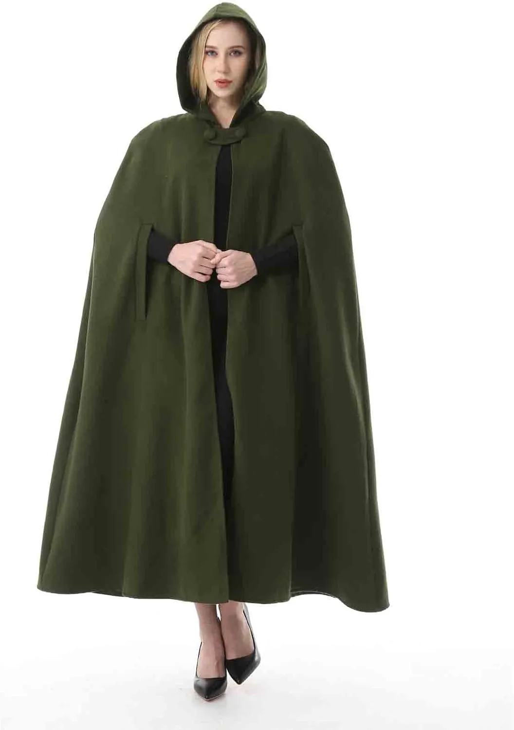 Women's Wool Blend Hooded Cape Poncho Maxi Cloak Coat Halloween Cloak Wool Hooded Cloak Pea Coats