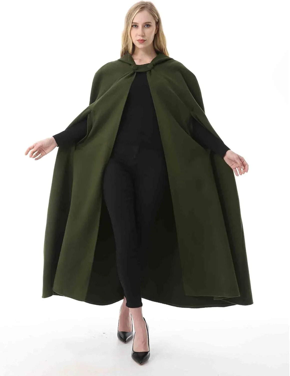 Women's Wool Blend Hooded Cape Poncho Maxi Cloak Coat Halloween Cloak Wool Hooded Cloak Pea Coats