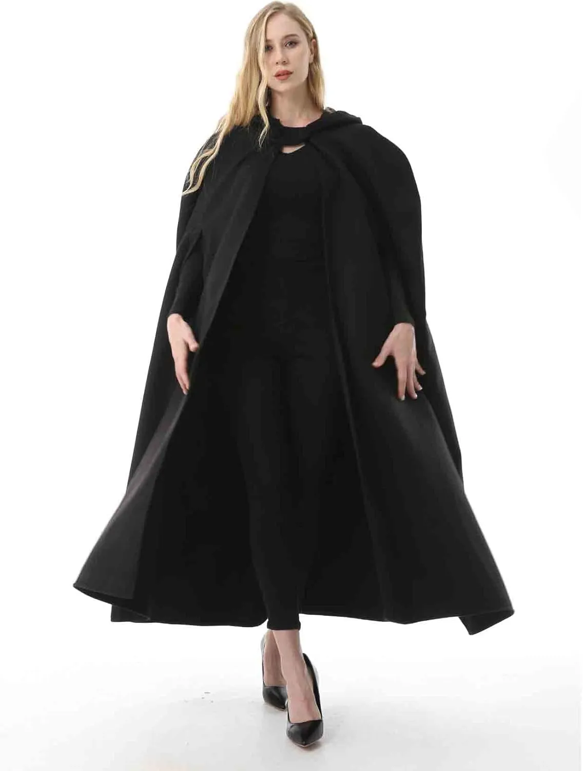 Women's Wool Blend Hooded Cape Poncho Maxi Cloak Coat Halloween Cloak Wool Hooded Cloak Pea Coats