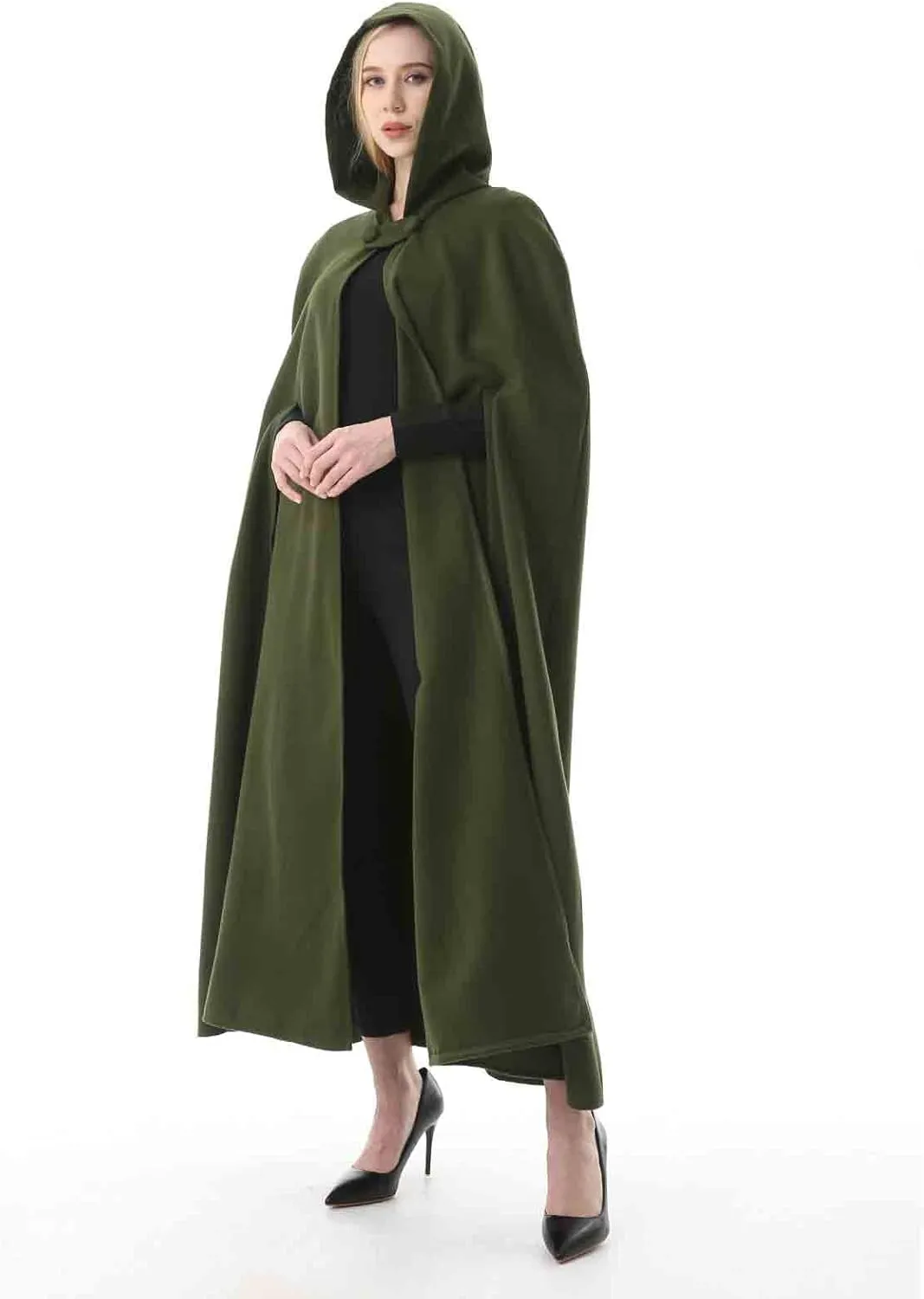 Women's Wool Blend Hooded Cape Poncho Maxi Cloak Coat Halloween Cloak Wool Hooded Cloak Pea Coats