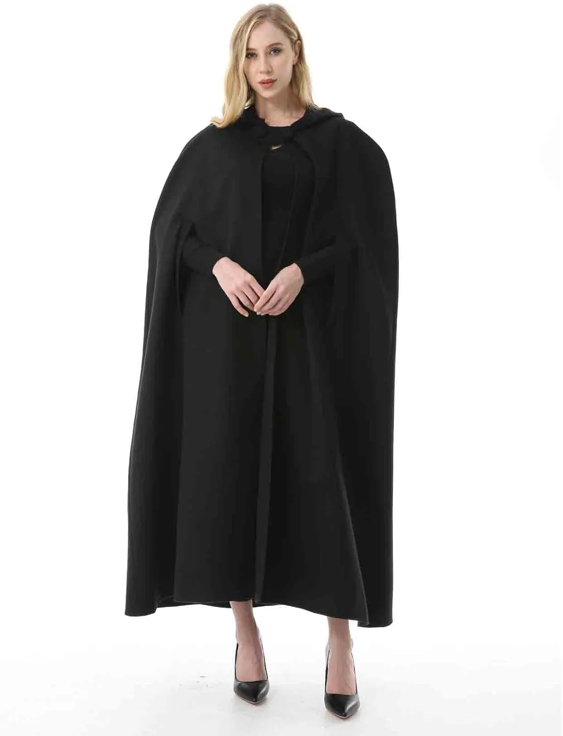 Women's Wool Blend Hooded Cape Poncho Maxi Cloak Coat Halloween Cloak Wool Hooded Cloak Pea Coats