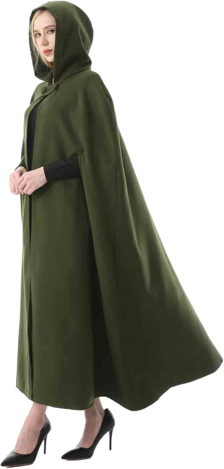 Women's Wool Blend Hooded Cape Poncho Maxi Cloak Coat Halloween Cloak Wool Hooded Cloak Pea Coats