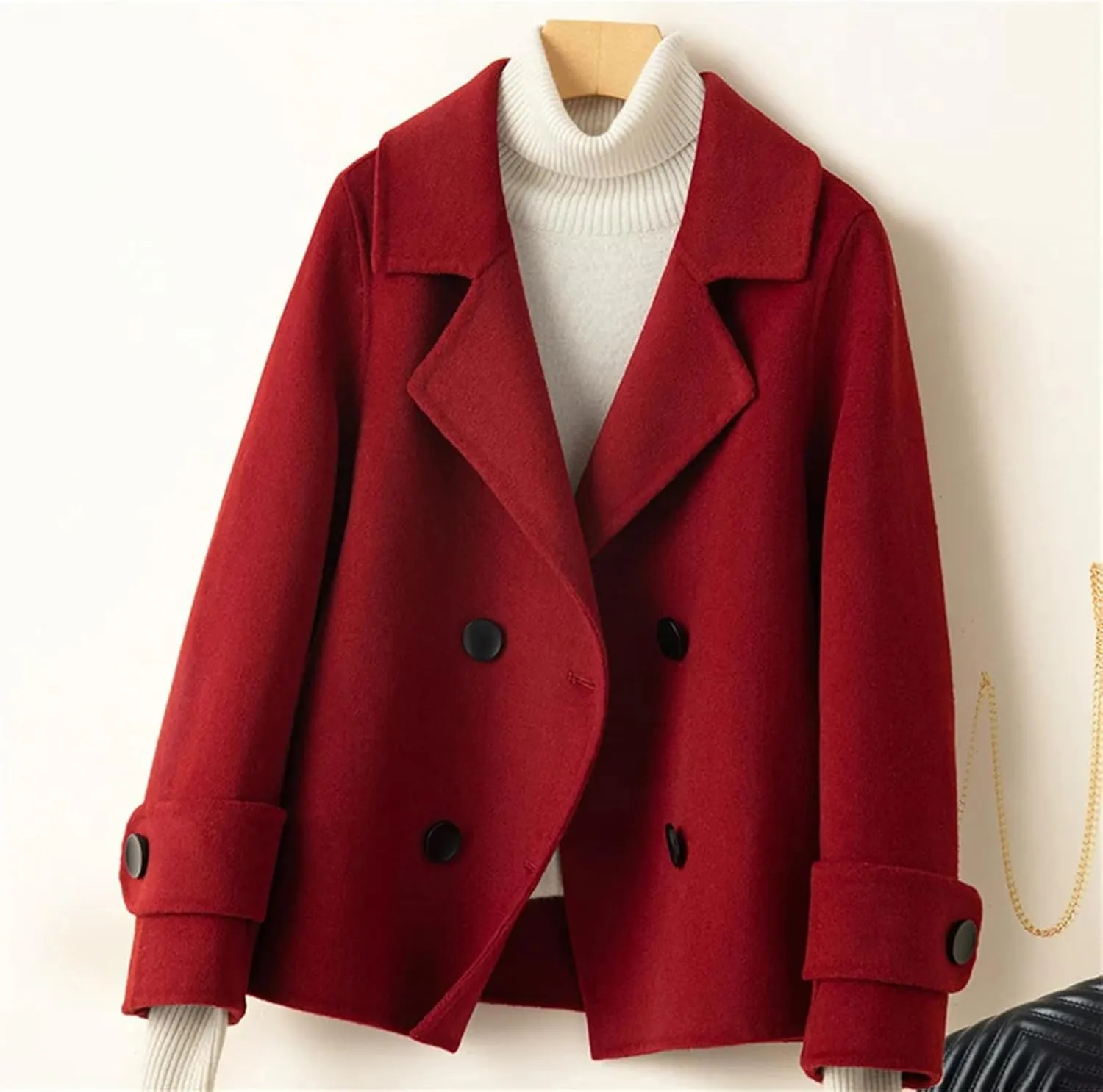 Women's Woolen Coat Turn-Down Collar Short Wool Coat For Female Thicken Trench Coat With Pockets