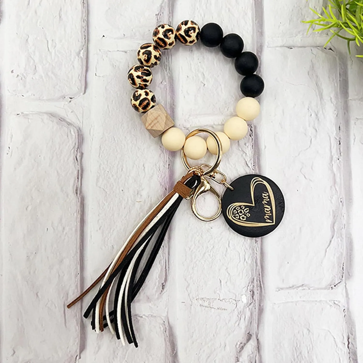 Wood/Silicone Bead Leopard Bracelet Keychain with Leather Tassel mama Keyring Wristlet Bangle Car Keys Holder