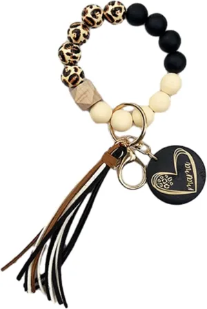 Wood/Silicone Bead Leopard Bracelet Keychain with Leather Tassel mama Keyring Wristlet Bangle Car Keys Holder