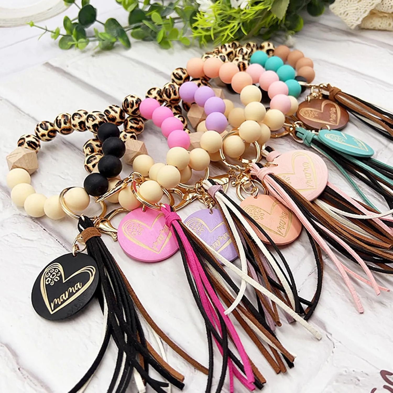 Wood/Silicone Bead Leopard Bracelet Keychain with Leather Tassel mama Keyring Wristlet Bangle Car Keys Holder