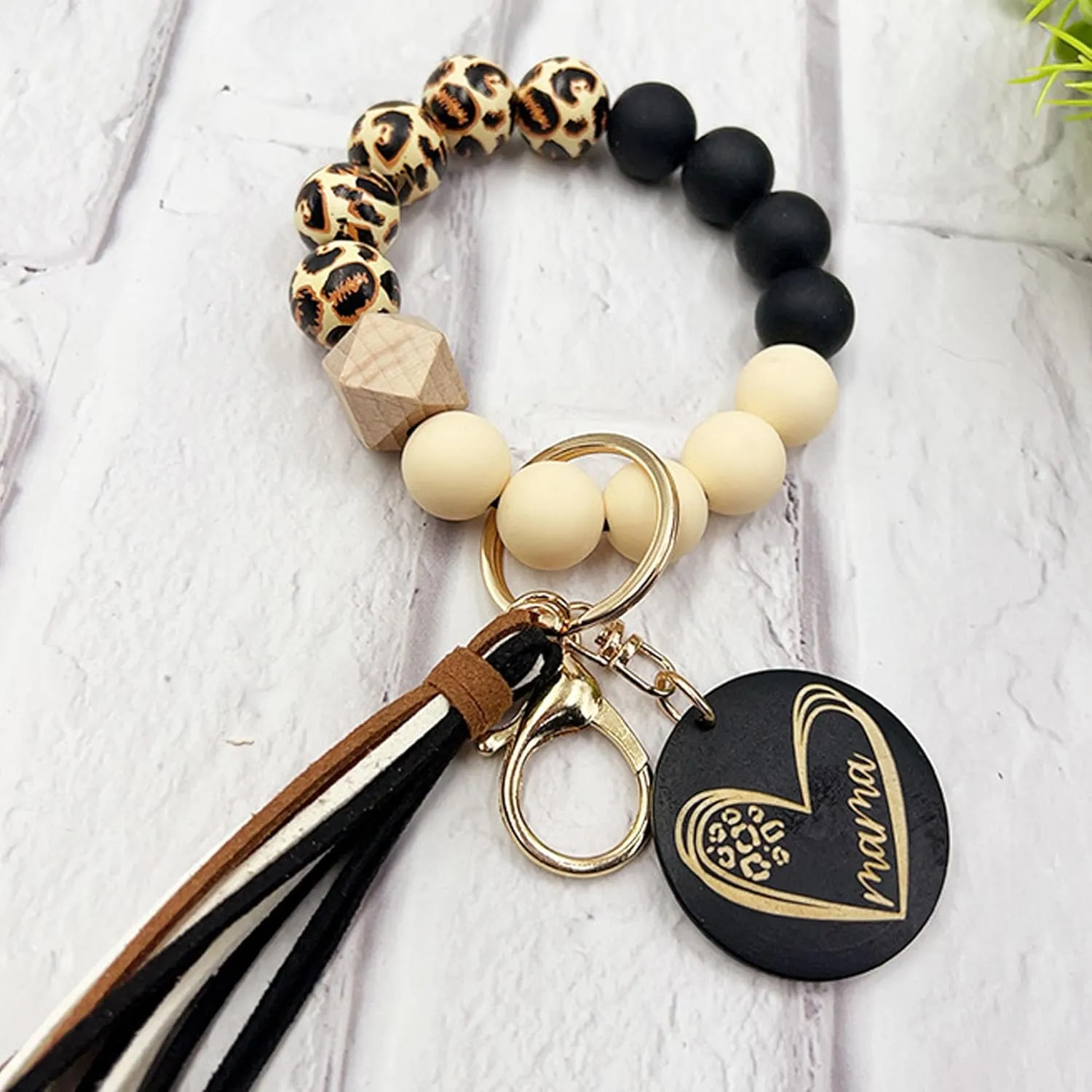 Wood/Silicone Bead Leopard Bracelet Keychain with Leather Tassel mama Keyring Wristlet Bangle Car Keys Holder