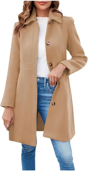Wool Trench Coat Women Women's Wool Peacoat Single Breasted Notched Collar Trench Coat Fall Winter Fashion Mid-Length Outerwear Long Jackets Camel Medium