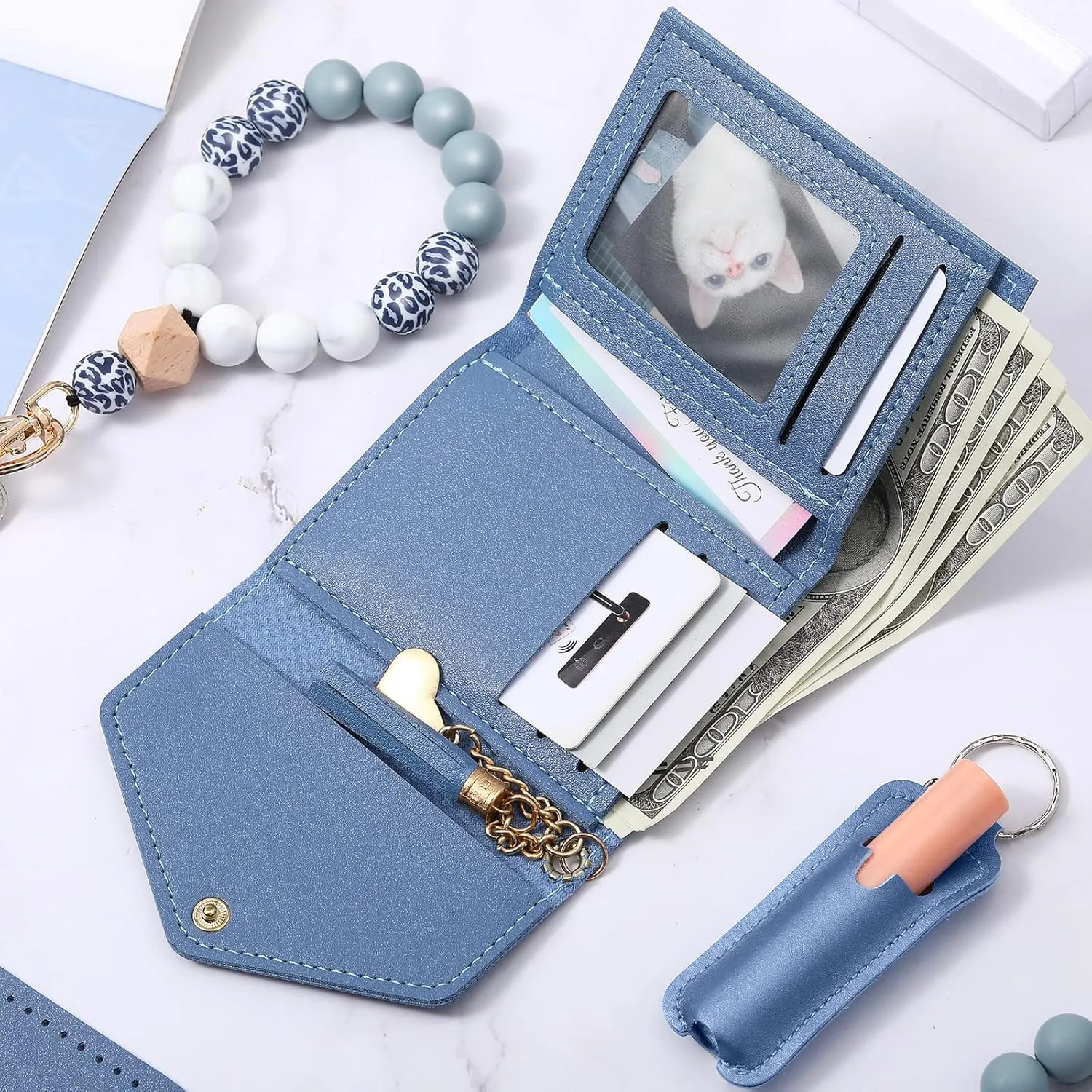 Wristlet Bracelet Keychain Wallet for Women Small Silicone Beaded Keyring Purse Leather Card Holder Teacher Graduation Gift