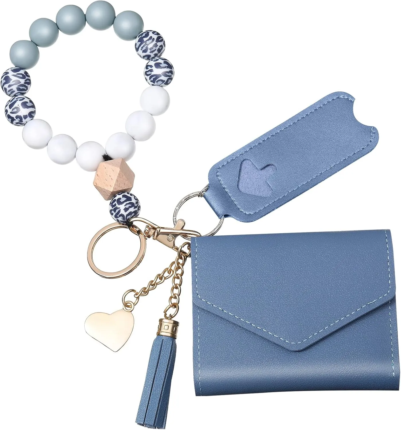 Wristlet Bracelet Keychain Wallet for Women Small Silicone Beaded Keyring Purse Leather Card Holder Teacher Graduation Gift