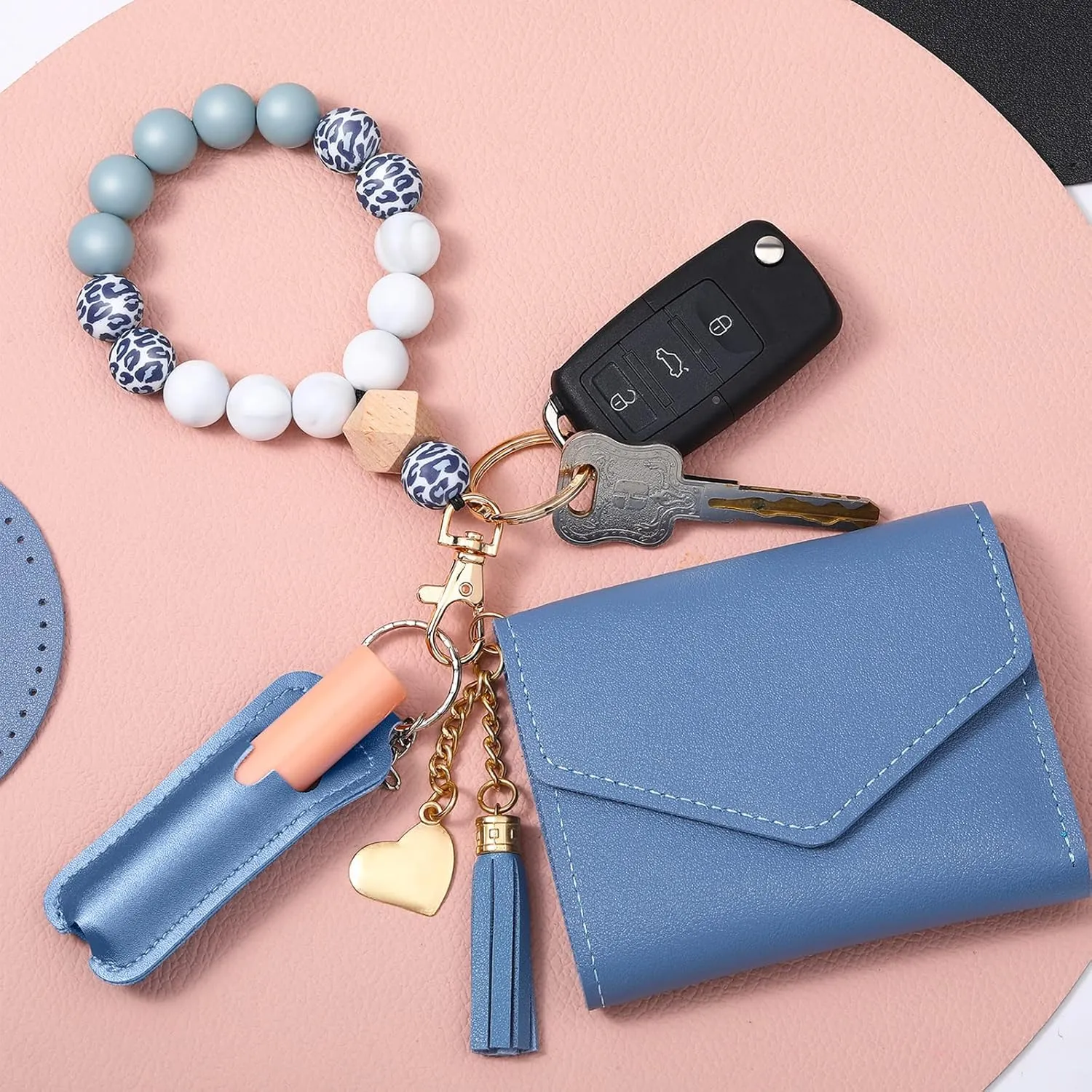 Wristlet Bracelet Keychain Wallet for Women Small Silicone Beaded Keyring Purse Leather Card Holder Teacher Graduation Gift