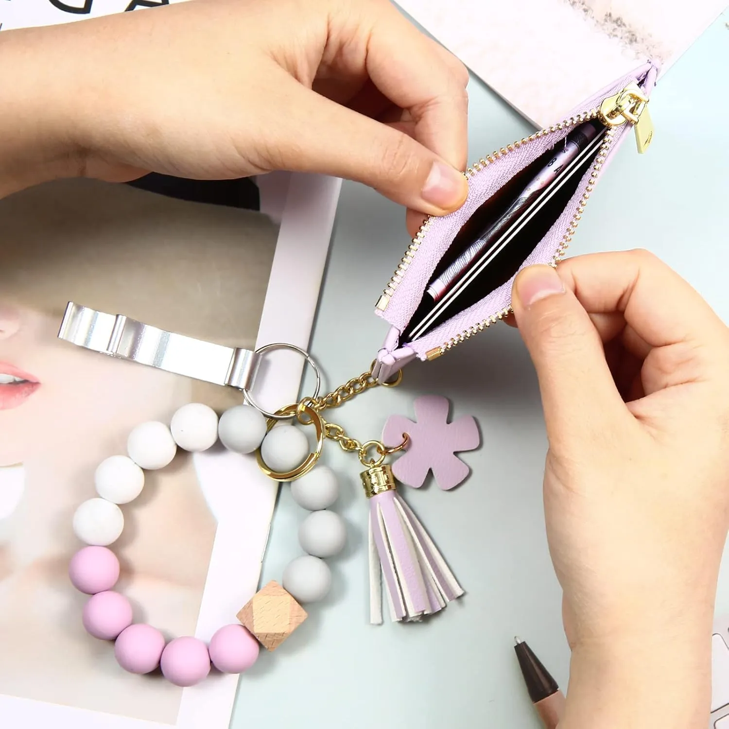 Wristlet Bracelet Keychain Wallet, Pocket Credit Card Holder Purse Tassel Key Chain Bangle Key Ring for Women