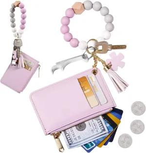Wristlet Bracelet Keychain Wallet, Pocket Credit Card Holder Purse Tassel Key Chain Bangle Key Ring for Women