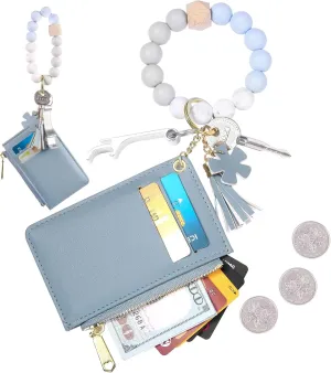 Wristlet Bracelet Keychain Wallet, Pocket Credit Card Holder Purse Tassel Key Chain Bangle Key Ring for Women