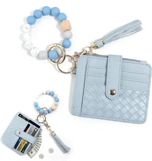 Wristlet Keychain Bracelet with Card Cases Pocket Wallet Credit Card Holder Purse Tassel Keychain for Women