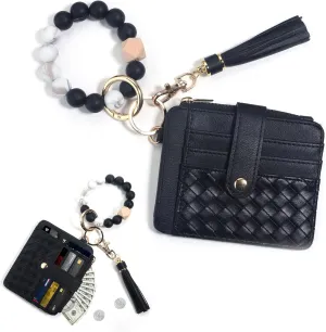 Wristlet Keychain Bracelet with Card Cases Pocket Wallet Credit Card Holder Purse Tassel Keychain for Women