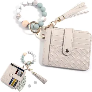 Wristlet Keychain Bracelet with Card Cases Pocket Wallet Credit Card Holder Purse Tassel Keychain for Women