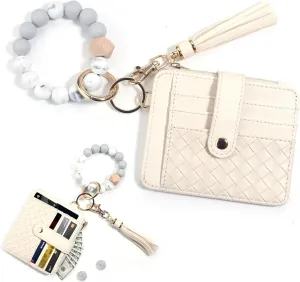 Wristlet Keychain Bracelet with Card Cases Pocket Wallet Credit Card Holder Purse Tassel Keychain for Women
