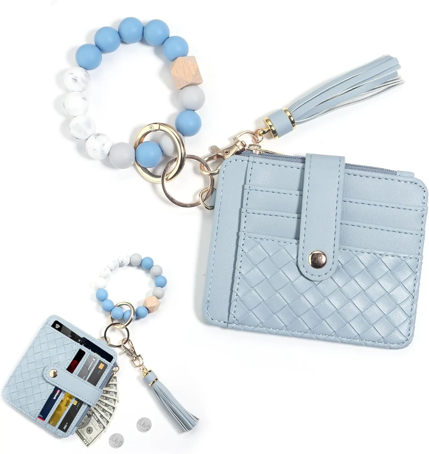 Wristlet Keychain Bracelet with Card Cases Pocket Wallet Credit Card Holder Purse Tassel Keychain for Women