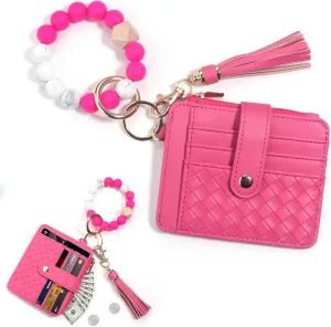 Wristlet Keychain Bracelet with Card Cases Pocket Wallet Credit Card Holder Purse Tassel Keychain for Women