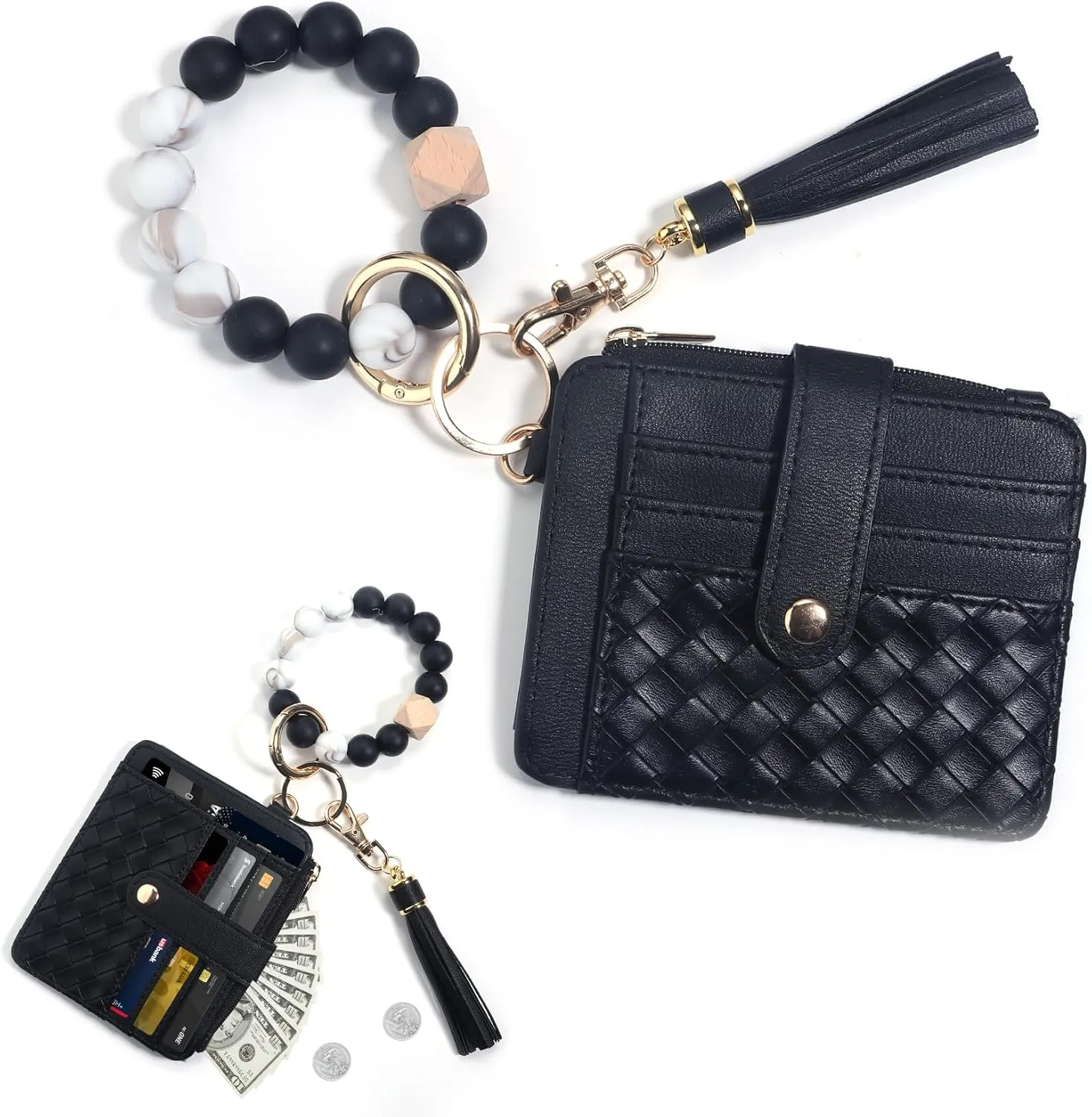 Wristlet Keychain Bracelet with Card Cases Pocket Wallet Credit Card Holder Purse Tassel Keychain for Women