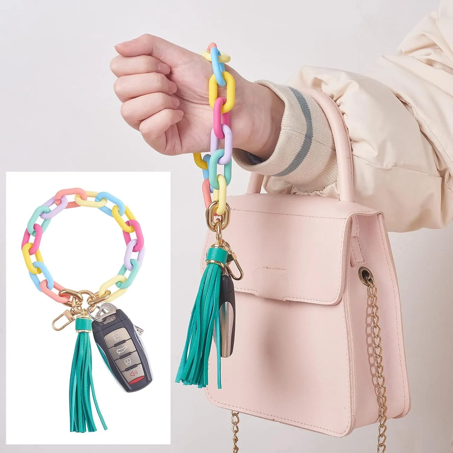 Wristlet Keychain for Women, Acrylic Chain Link Wristlet Keychain Boho Car Keychain with Leather Tassel