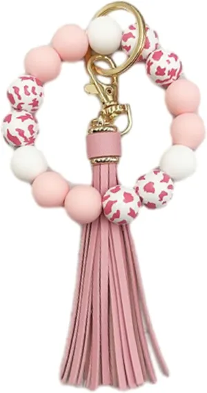 Wristlet Keychain Women,Cow Wood Beads Silicone Beaded Keyring Bracelet,Bangle with Tassel Car Key Chain Holder