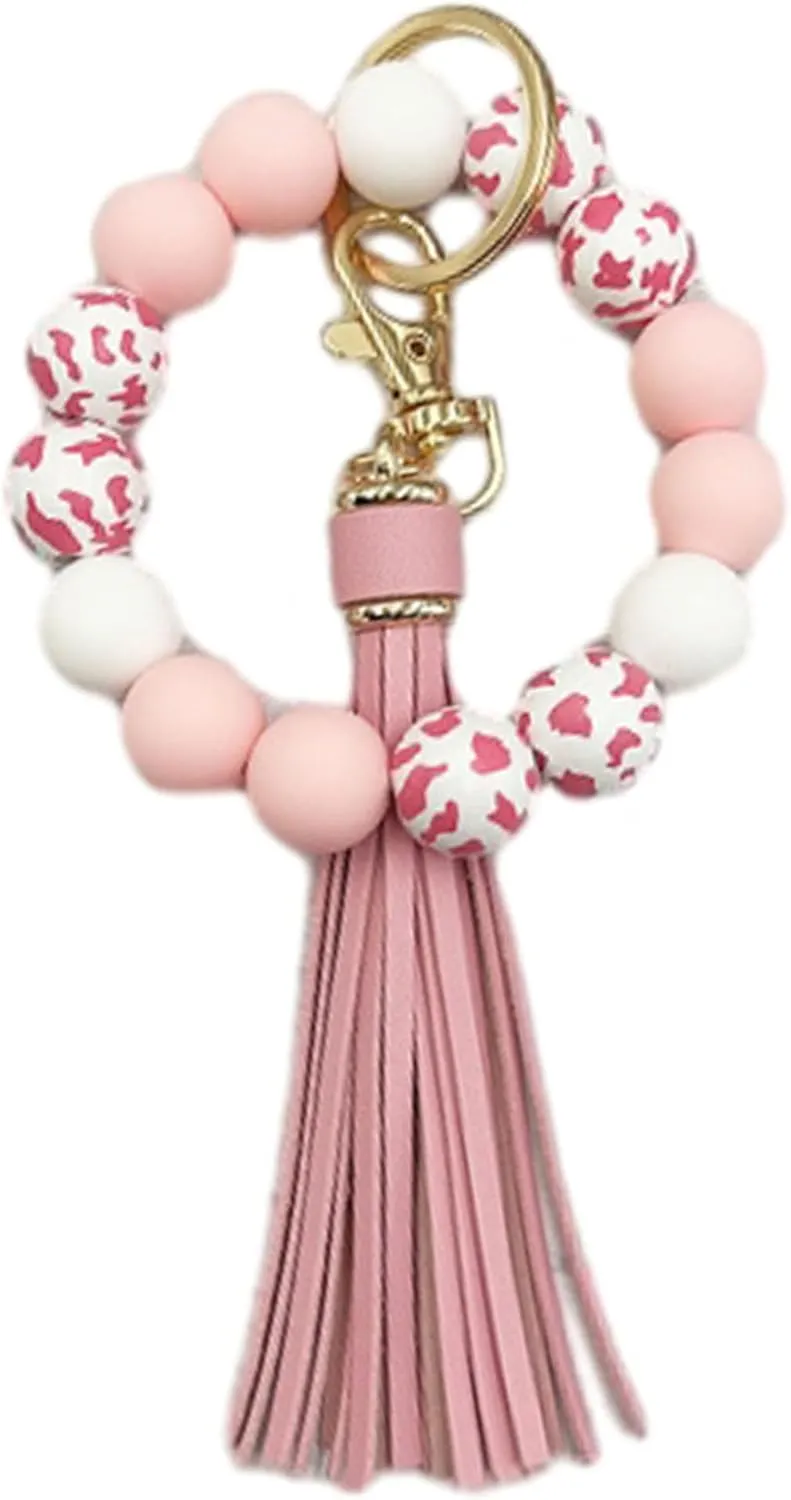 Wristlet Keychain Women,Cow Wood Beads Silicone Beaded Keyring Bracelet,Bangle with Tassel Car Key Chain Holder