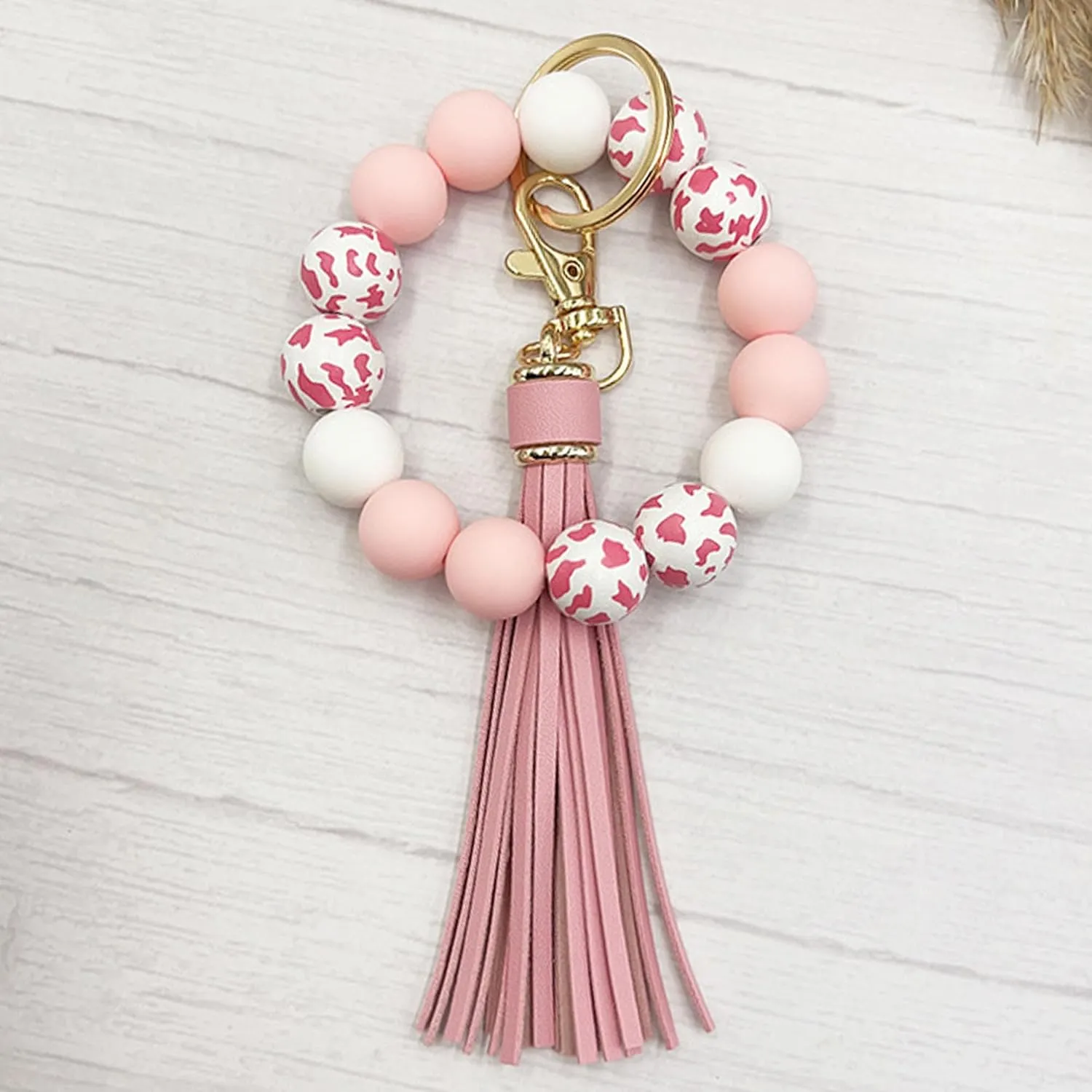 Wristlet Keychain Women,Cow Wood Beads Silicone Beaded Keyring Bracelet,Bangle with Tassel Car Key Chain Holder