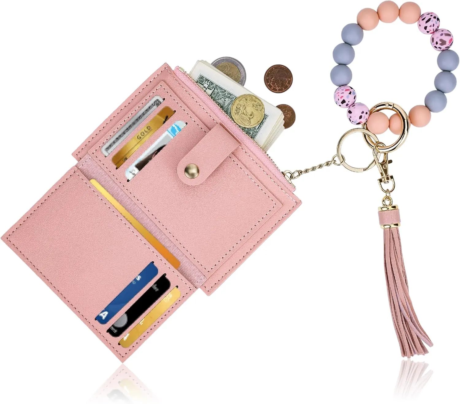 Wristlet Wallet Bracelet Keychain Credit Card Holder Silicone Bead Tassel Keychain Bangle Key Ring for Women