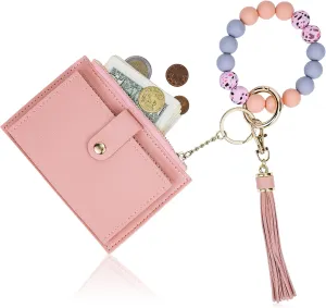 Wristlet Wallet Bracelet Keychain Credit Card Holder Silicone Bead Tassel Keychain Bangle Key Ring for Women