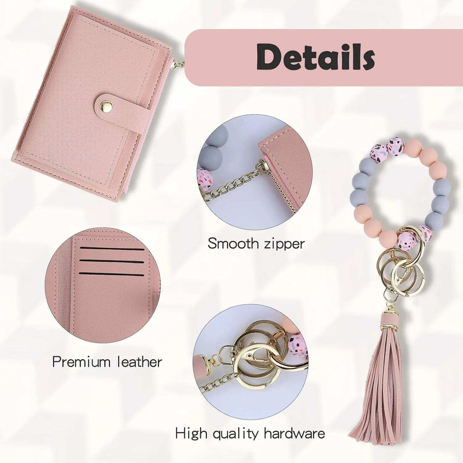 Wristlet Wallet Bracelet Keychain Credit Card Holder Silicone Bead Tassel Keychain Bangle Key Ring for Women