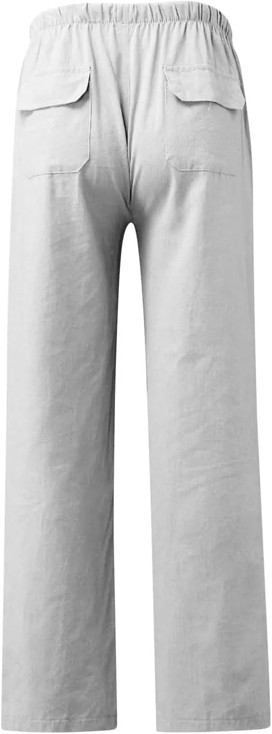 Xiaojmake Mens Cropped Elastic Waist Linen Pants Comfy Drawstring Slim with Pockets Daily Capris Pant Fashion Crop Trousers