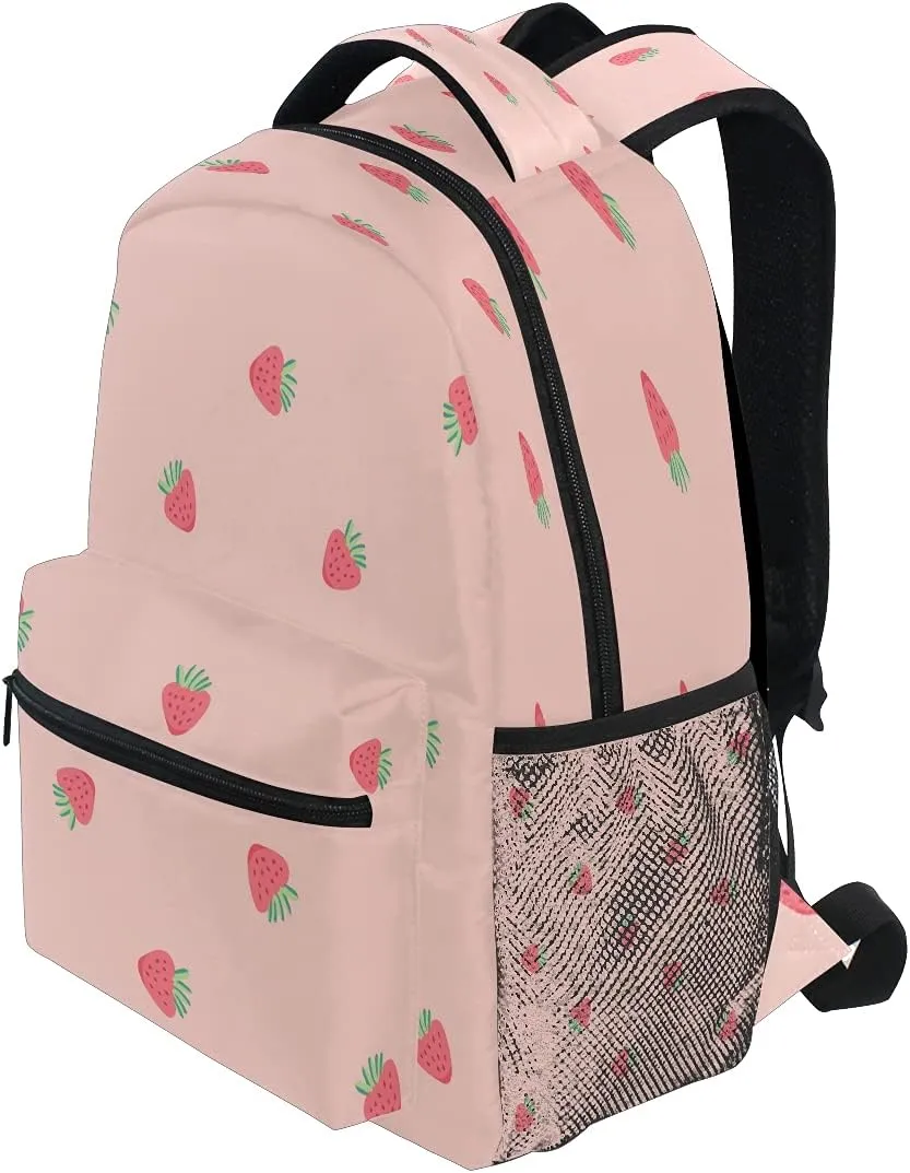 xigua Pink Strawberry Print Travel Backpack for School Water Resistant Bookbag