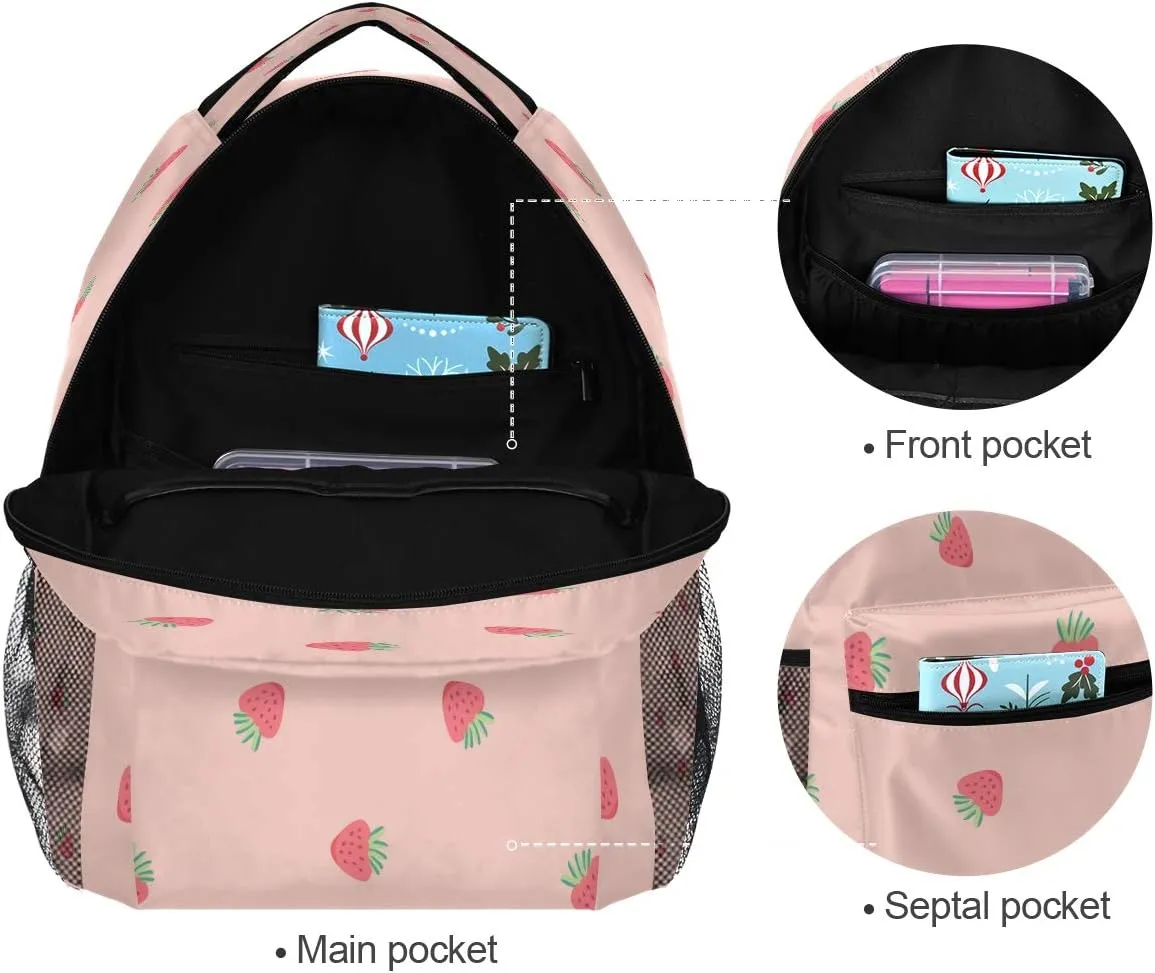 xigua Pink Strawberry Print Travel Backpack for School Water Resistant Bookbag