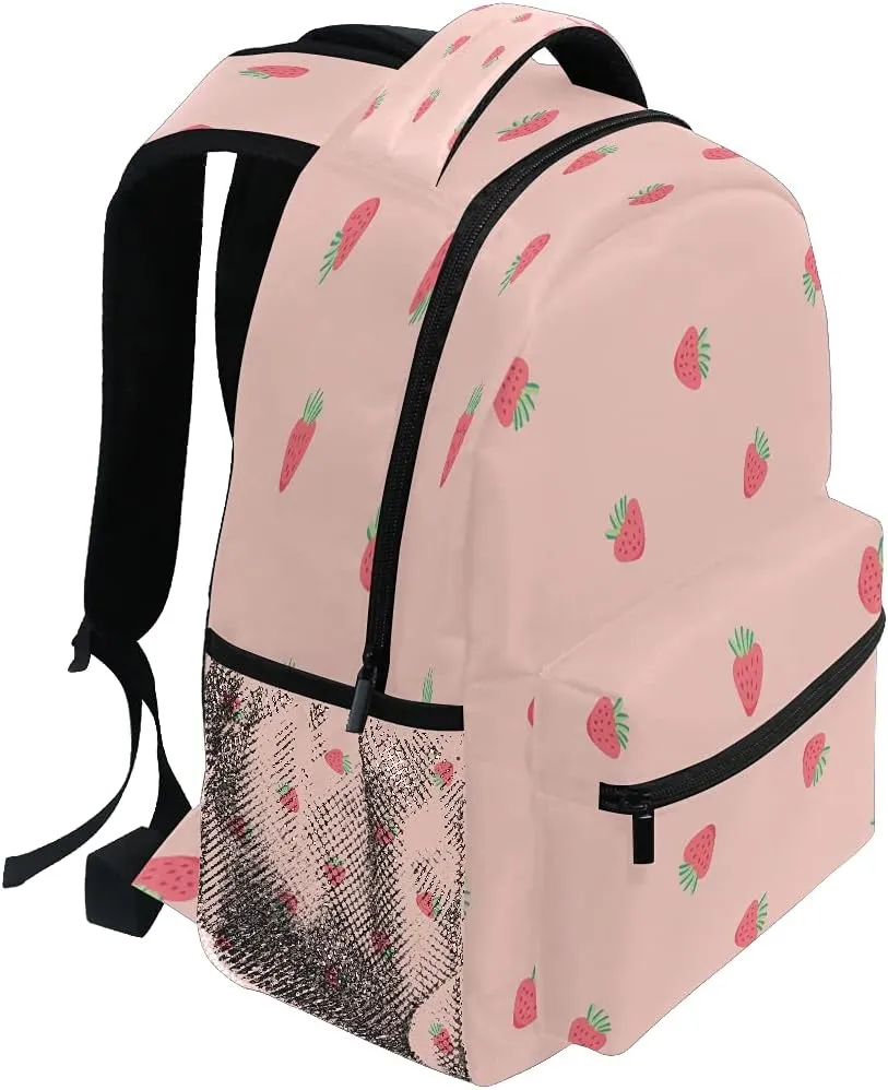 xigua Pink Strawberry Print Travel Backpack for School Water Resistant Bookbag