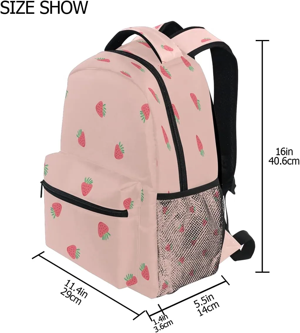 xigua Pink Strawberry Print Travel Backpack for School Water Resistant Bookbag