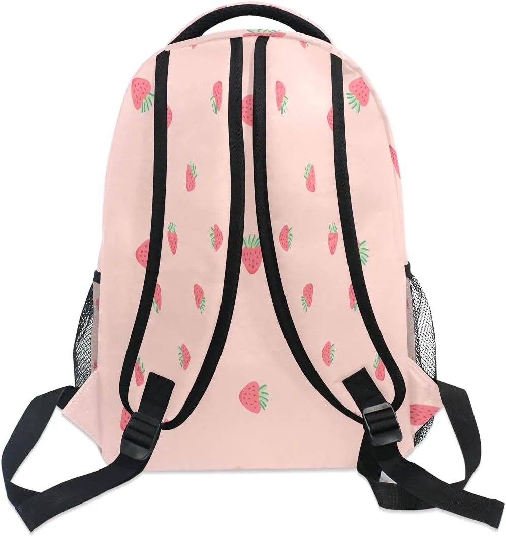 xigua Pink Strawberry Print Travel Backpack for School Water Resistant Bookbag