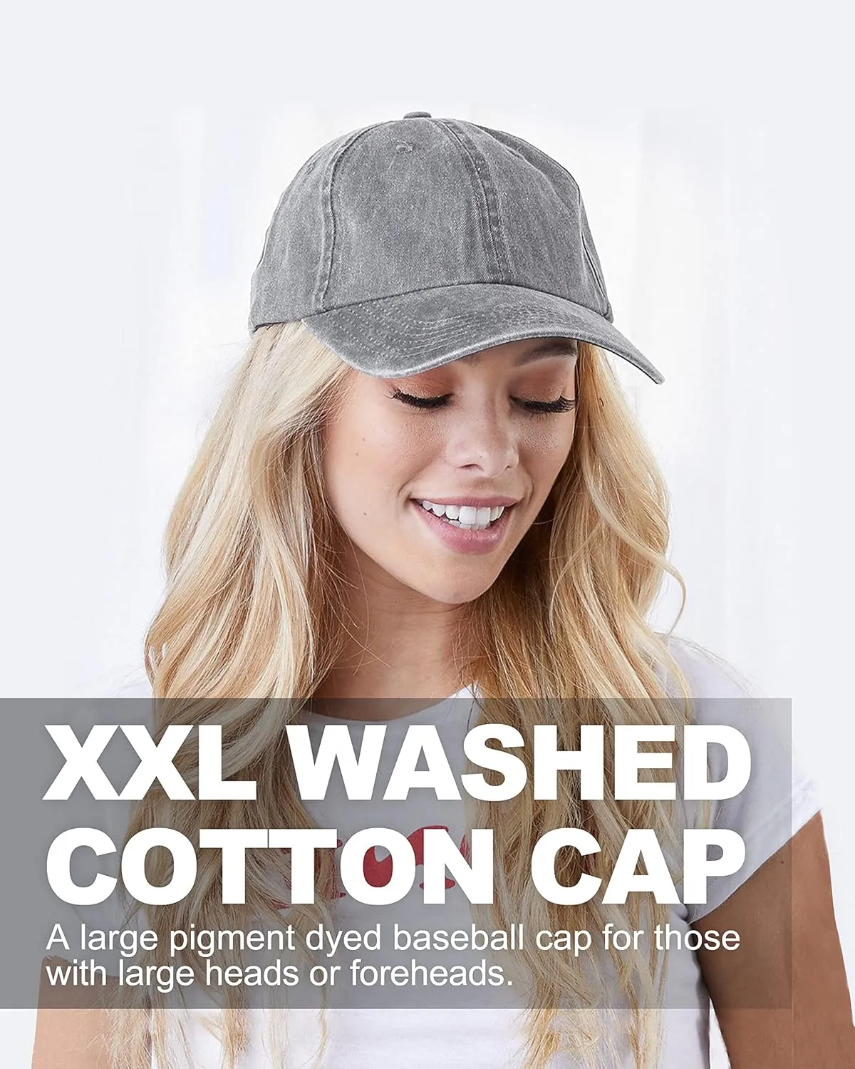 XXL Oversize Washed Denim Baseball Cap,Low Profile Jean Sports Cap for Big Heads 23.5"-25.5",Large Pigment Dyed Dad Hat